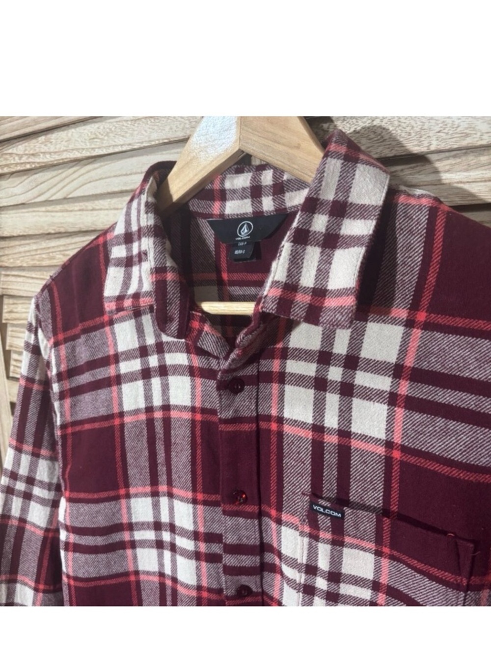 Volcom Women’s Plaid Flannel Shirt Maroon White Cotton Size Small